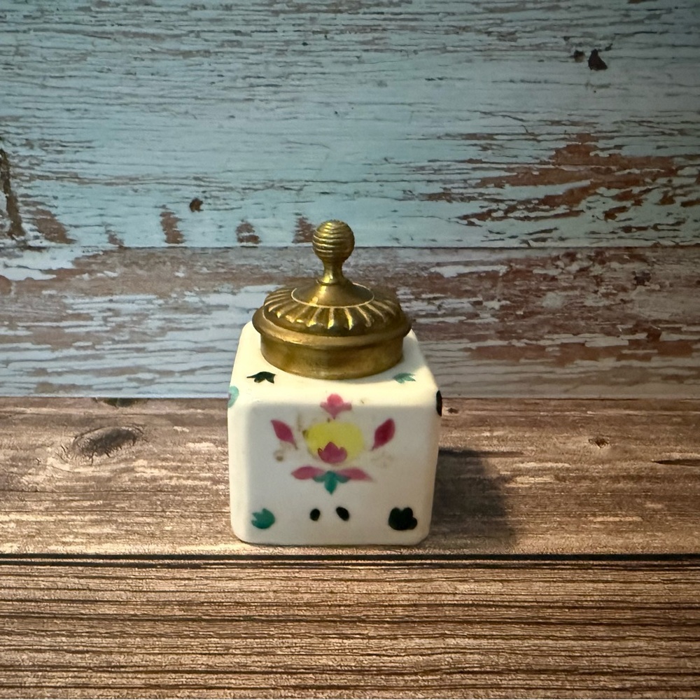 Vintage/antique porcelain and brass ink well white floral pink blue